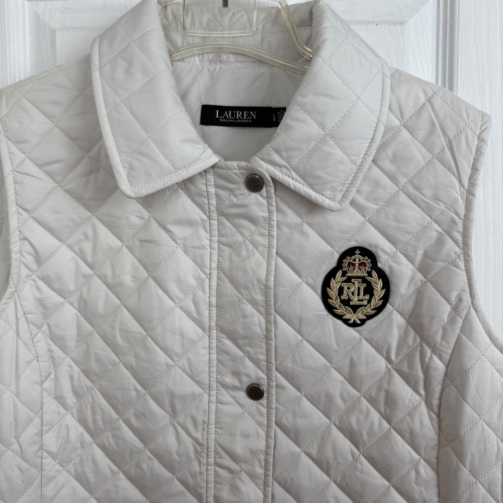 Lauren Ralph Lauren Quilted Vest Womens‎ White Snap Front RL Crest Logo Sz L - Picture 2 of 9